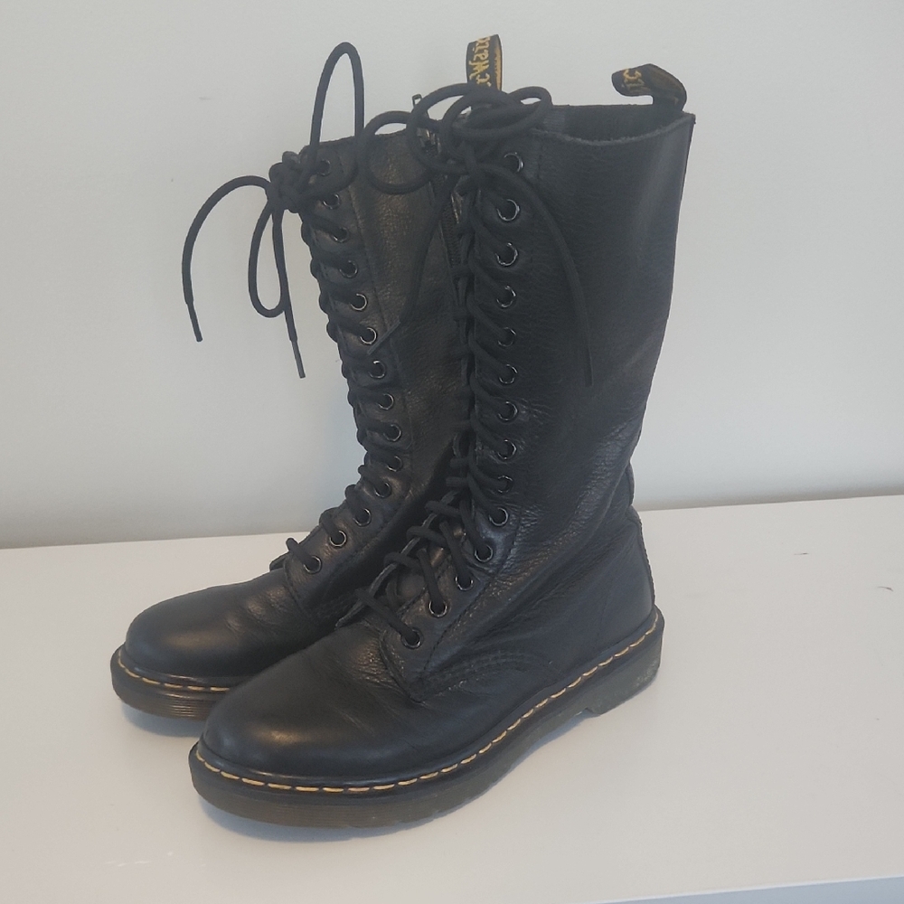 Dr. Martens Black Leather Combat Boots, 14 hole